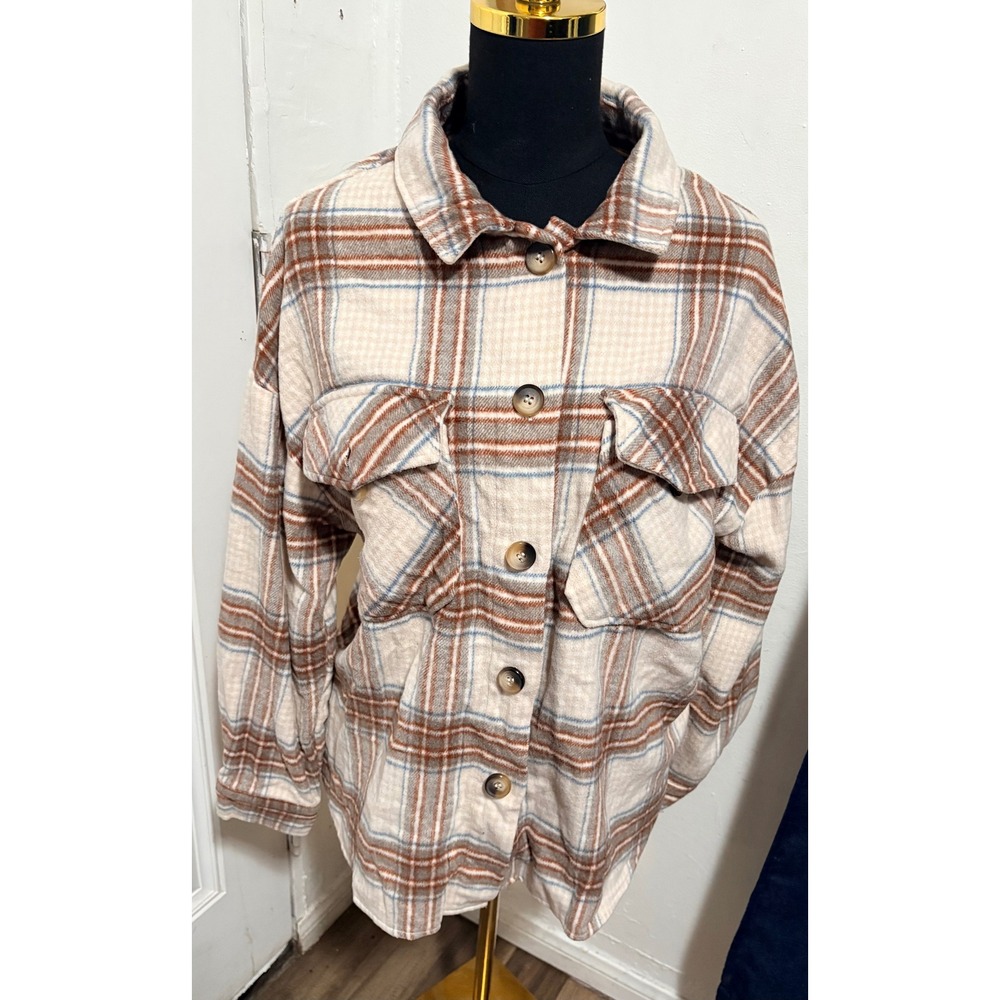 Timing Womens Plaid Oversized Shacket Button Up Flannel Jacket Tan Blue L